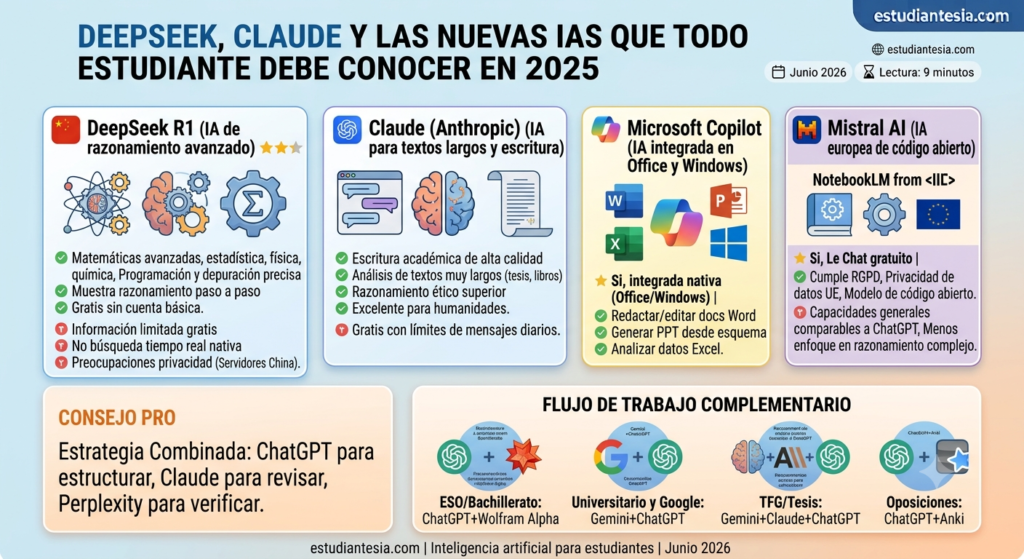 Nuevas IAs para estudiantes: DeepSeek, Claude, Copilot y Mistral.