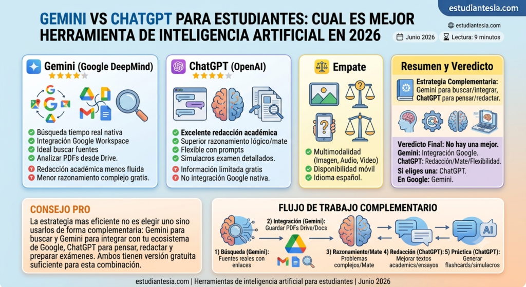 Comparativa de Gemini vs ChatGPT para estudiantes en 12 criterios.