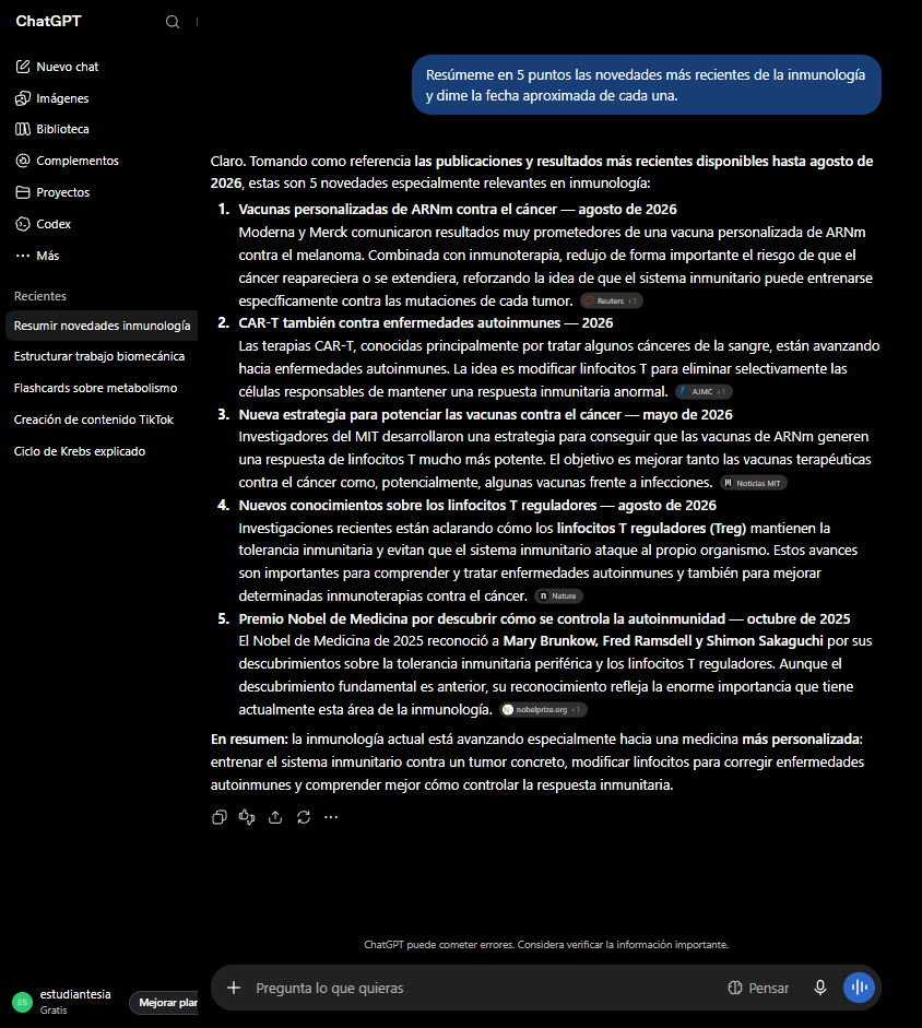 Captura real de ChatGPT resumiendo novedades de inmunología con fechas y fuentes como Reuters, Nature y la web del Nobel