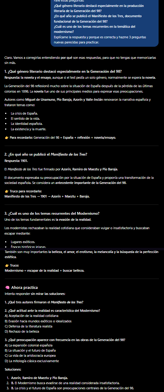 Captura real de ChatGPT explicando preguntas falladas de Generación del 98 con trucos de memoria y generando preguntas nuevas de práctica