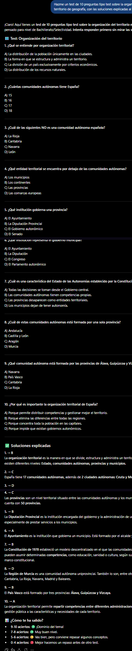 Captura real de un test de 10 preguntas tipo test sobre organización territorial generado por ChatGPT con soluciones explicadas