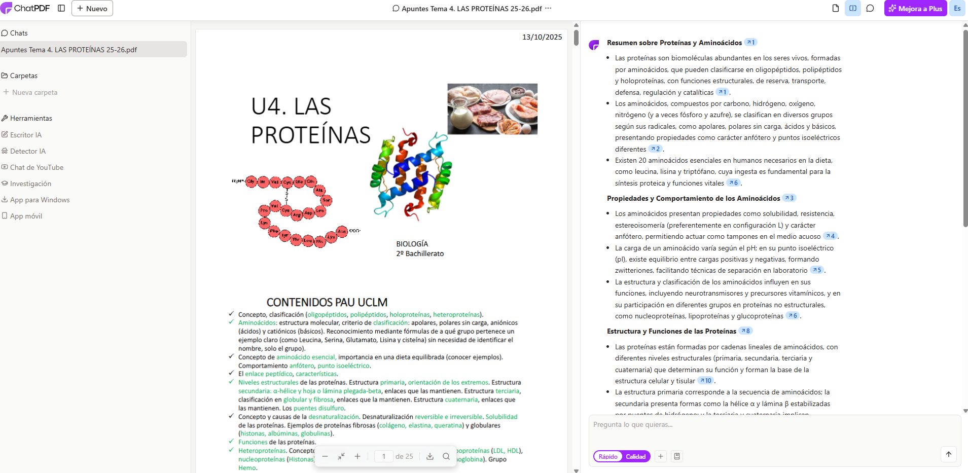 Captura real de ChatPDF con unos apuntes de biología de 2º de Bachillerato sobre las proteínas cargados y su resumen con citas al documento