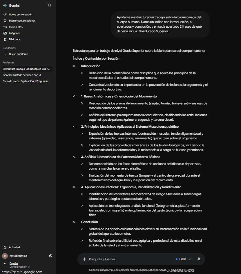 Captura real de Gemini con un índice académico y terminología técnica para un trabajo de biomecánica de Grado Superior