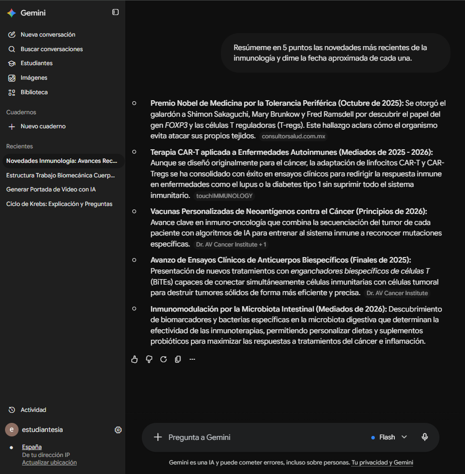 Captura real de Gemini resumiendo novedades de inmunología con fechas pero con fuentes menos reconocibles y sin aviso de fecha de corte