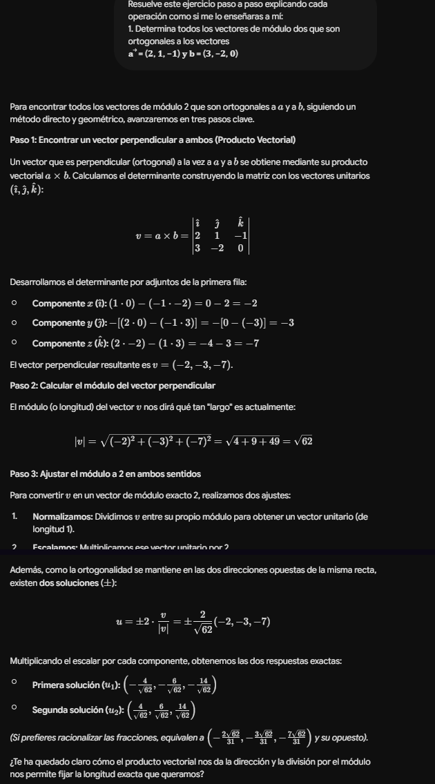 Captura real de Gemini resolviendo el mismo problema de vectores ortogonales mediante el producto vectorial y racionalizando el resultado